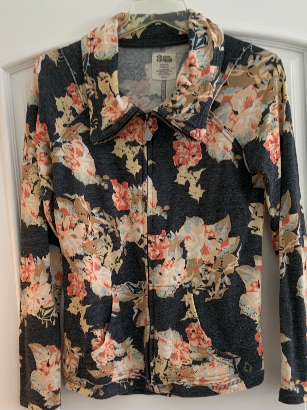 Volcom Dark Gray Floral Zip Jacket with Cream & Coral Accents